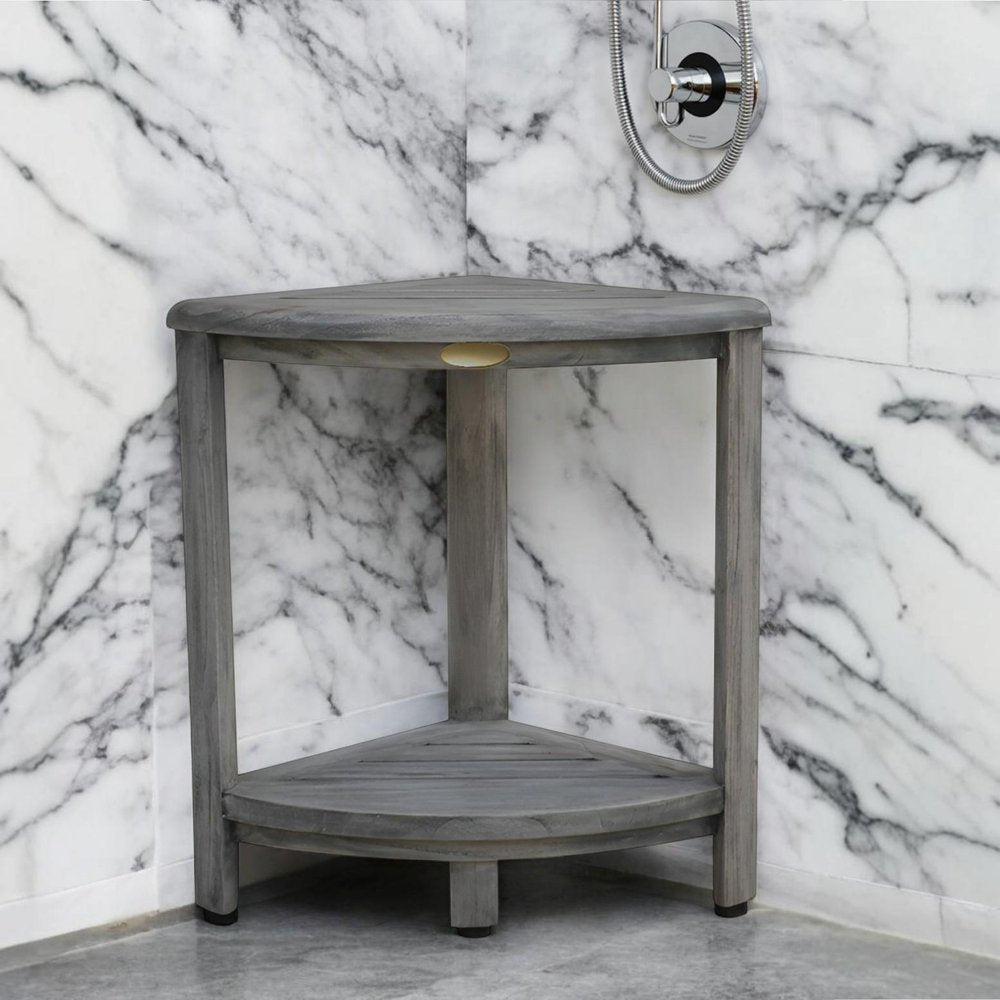 17" Gray Teak Corner Shower Bench With Shelf HomeRoots