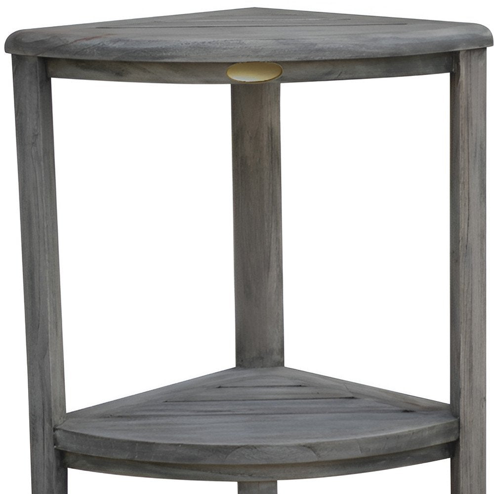 17" Gray Teak Corner Shower Bench With Shelf HomeRoots