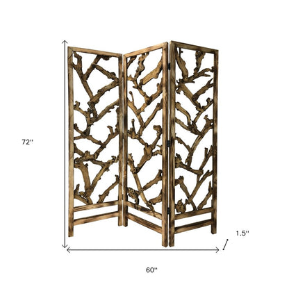 72" Brown Solid Wood Folding Three Panel Screen Room Divider HomeRoots