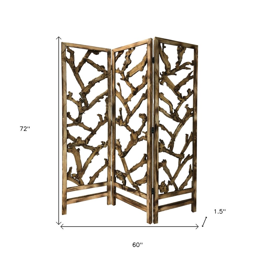 72" Brown Solid Wood Folding Three Panel Screen Room Divider HomeRoots