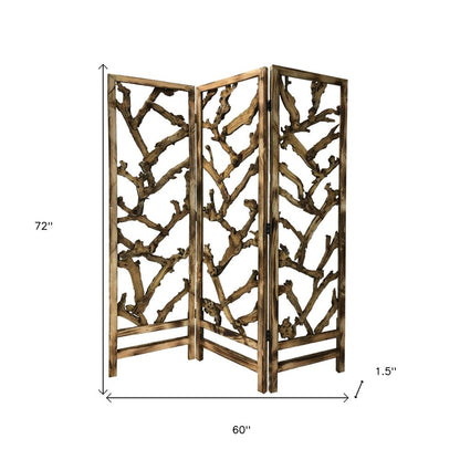 72" Brown Solid Wood Folding Three Panel Screen Room Divider HomeRoots