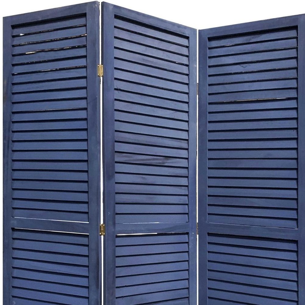 67" Dark Blue Solid Wood Folding Three Panel Screen Room Divider HomeRoots