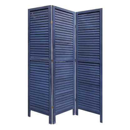 67" Dark Blue Solid Wood Folding Three Panel Screen Room Divider HomeRoots