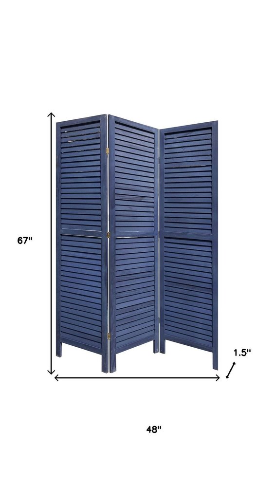 67" Dark Blue Solid Wood Folding Three Panel Screen Room Divider HomeRoots
