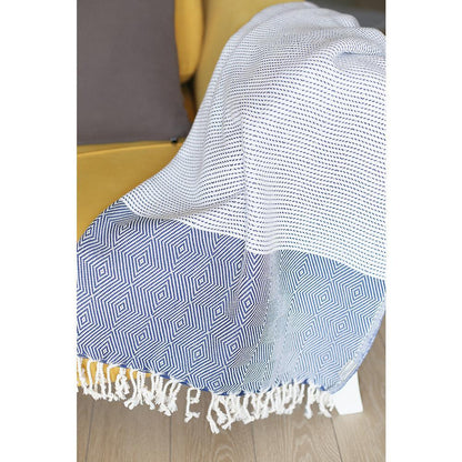 Blue And White Squares And Stripes Turkish Towel Or Throw Blanket - FurniFindUSA