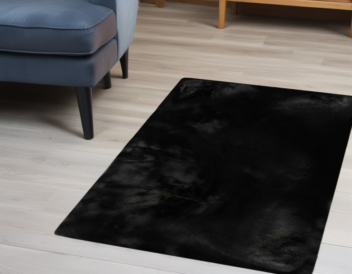 Luxe Faux Rabbit Fur Rectangular Rug 3' X 5'   - Black