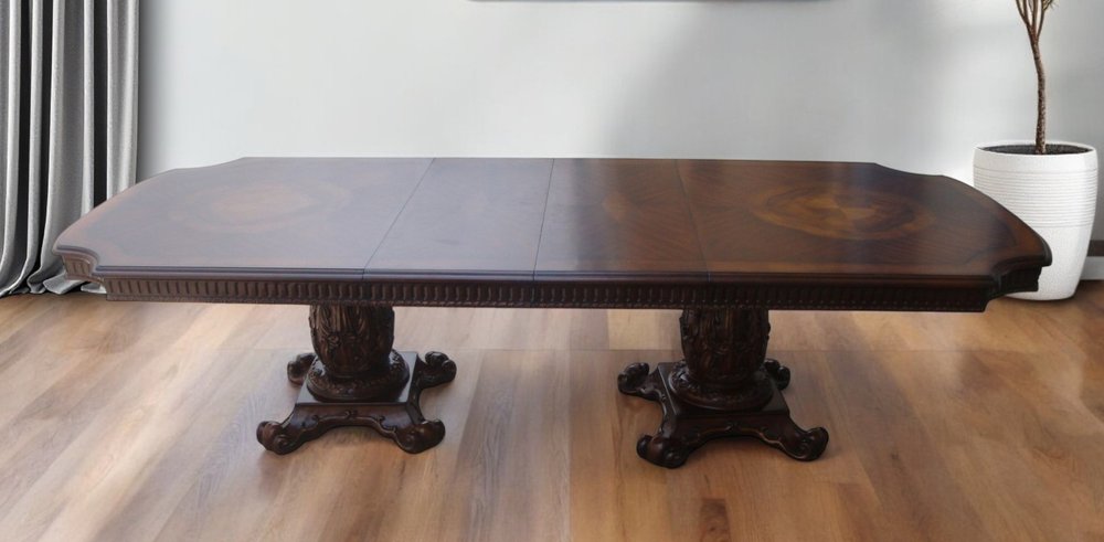 136" Brown Solid Wood And Solid Manufactured Wood Double Pedestal Base Dining Table HomeRoots