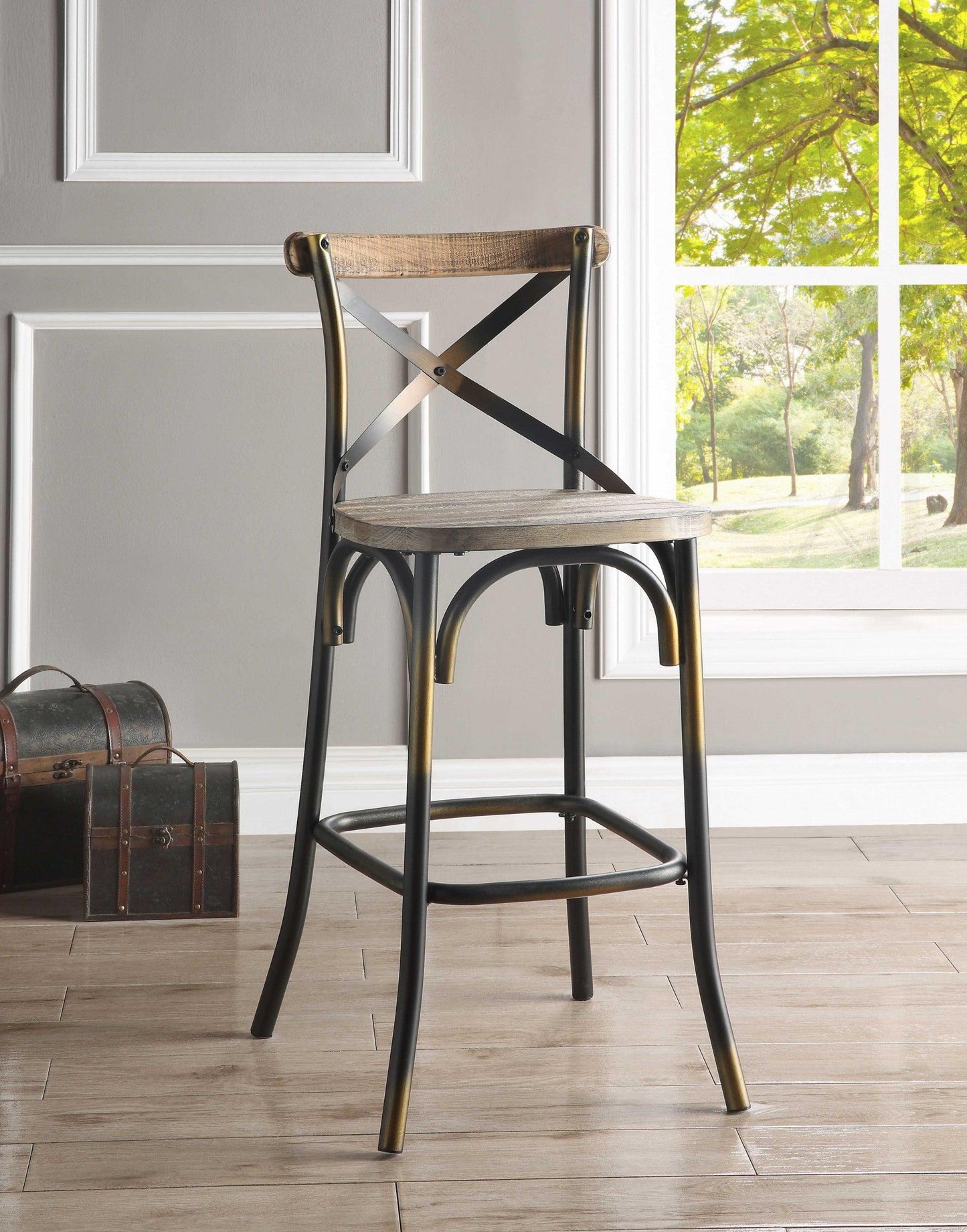 43" High Back Antiqued Copper And Oak Finish Bar Chair - FurniFindUSA