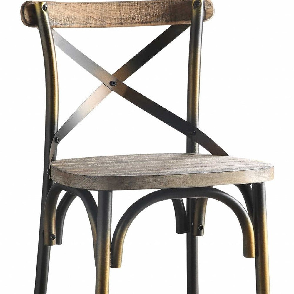 43" Oak And Black and Gold Solid Wood And Metal Bar Height Bar Chair