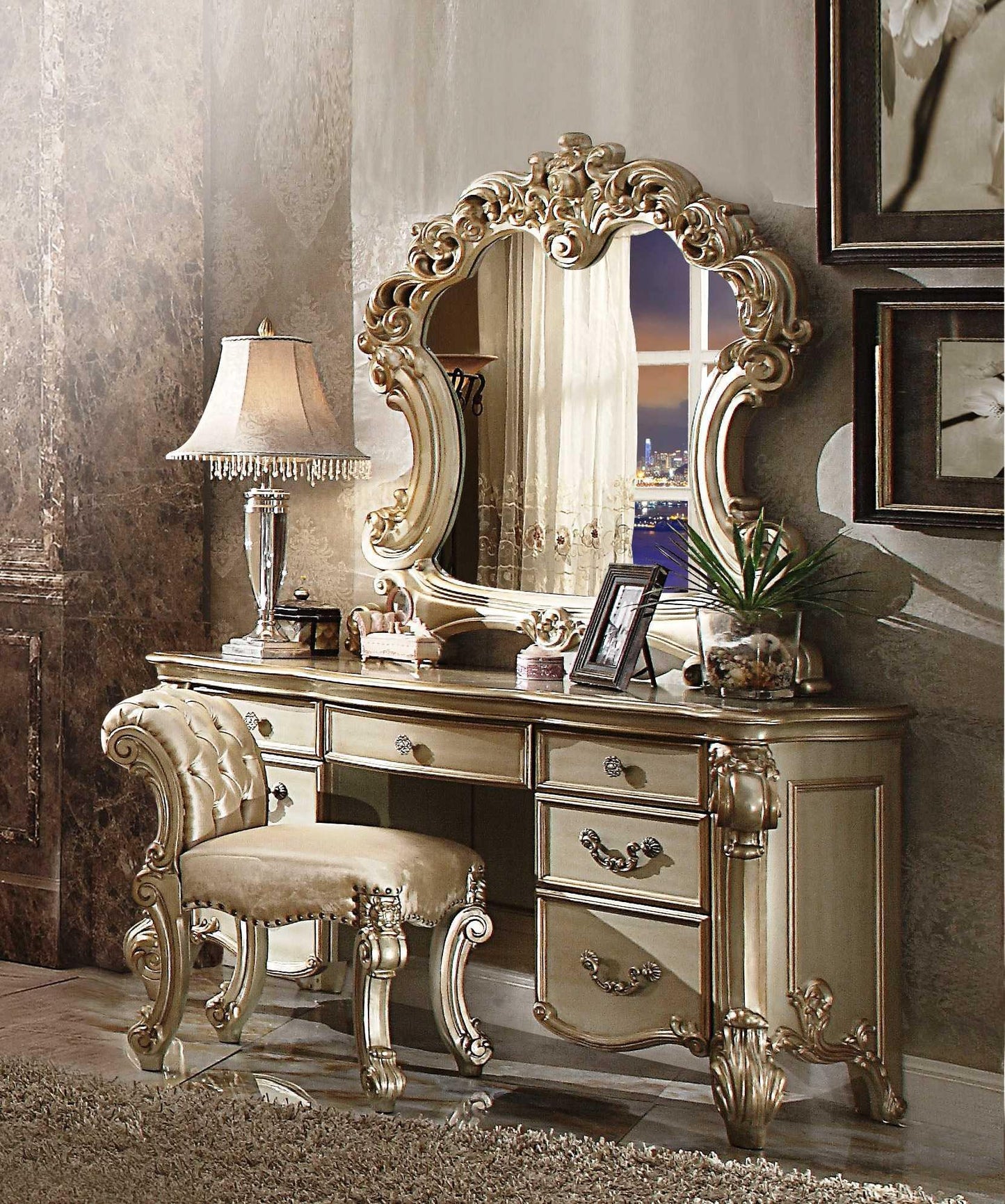 Elaborate Carved Gold Patina Finish Desk Vanity Dressing Table With 7 Drawers - FurniFindUSA