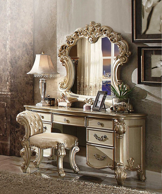 Elaborate Carved Gold Patina Finish Desk Vanity Dressing Table With 7 Drawers HomeRoots