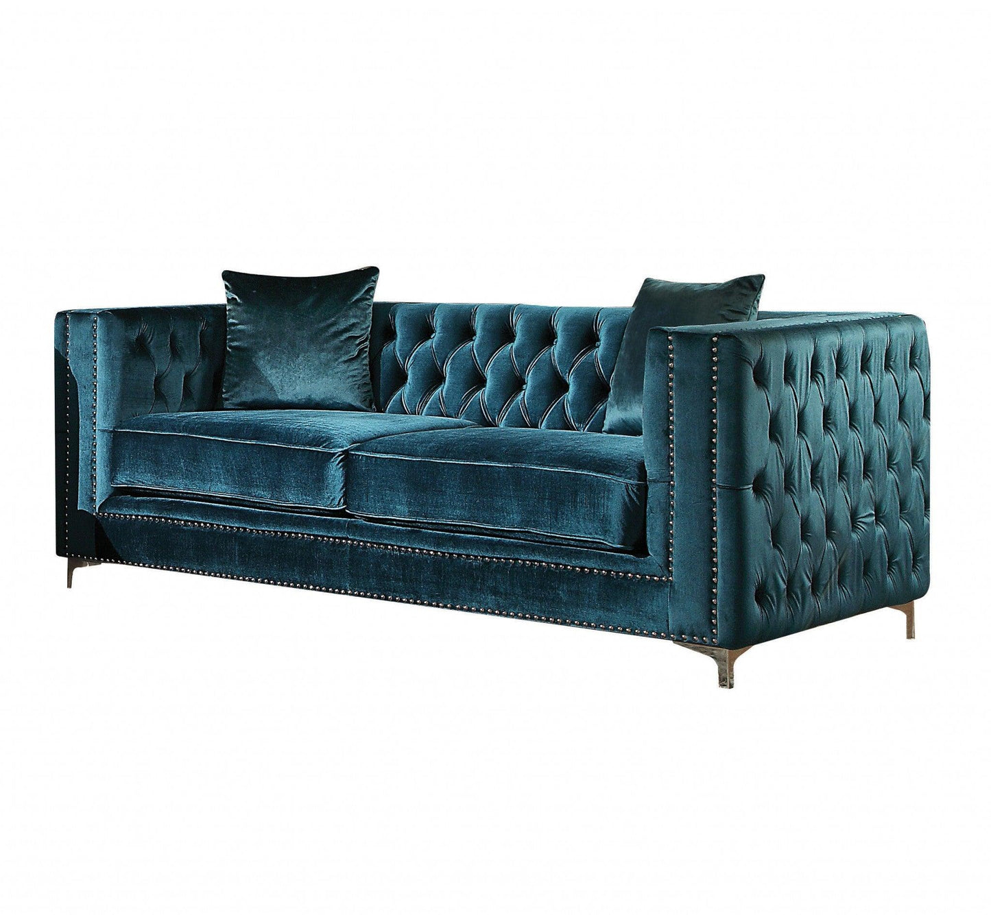 Dark Teal Velvet Loveseat With 2 Pillows - FurniFindUSA