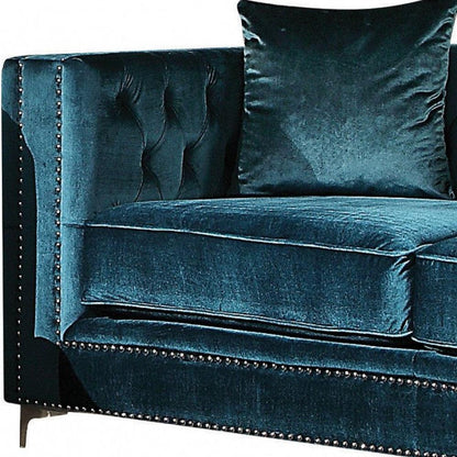 Dark Teal Velvet Loveseat With 2 Pillows - FurniFindUSA