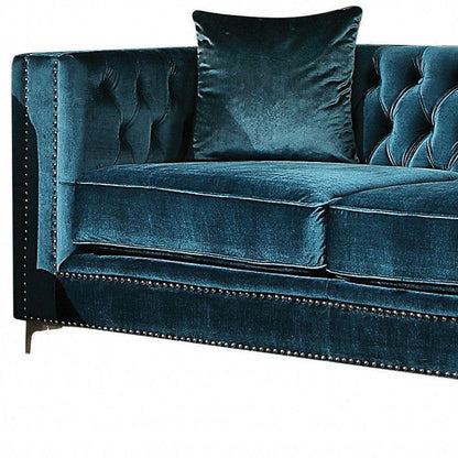 Dark Teal Velvet Loveseat With 2 Pillows - FurniFindUSA