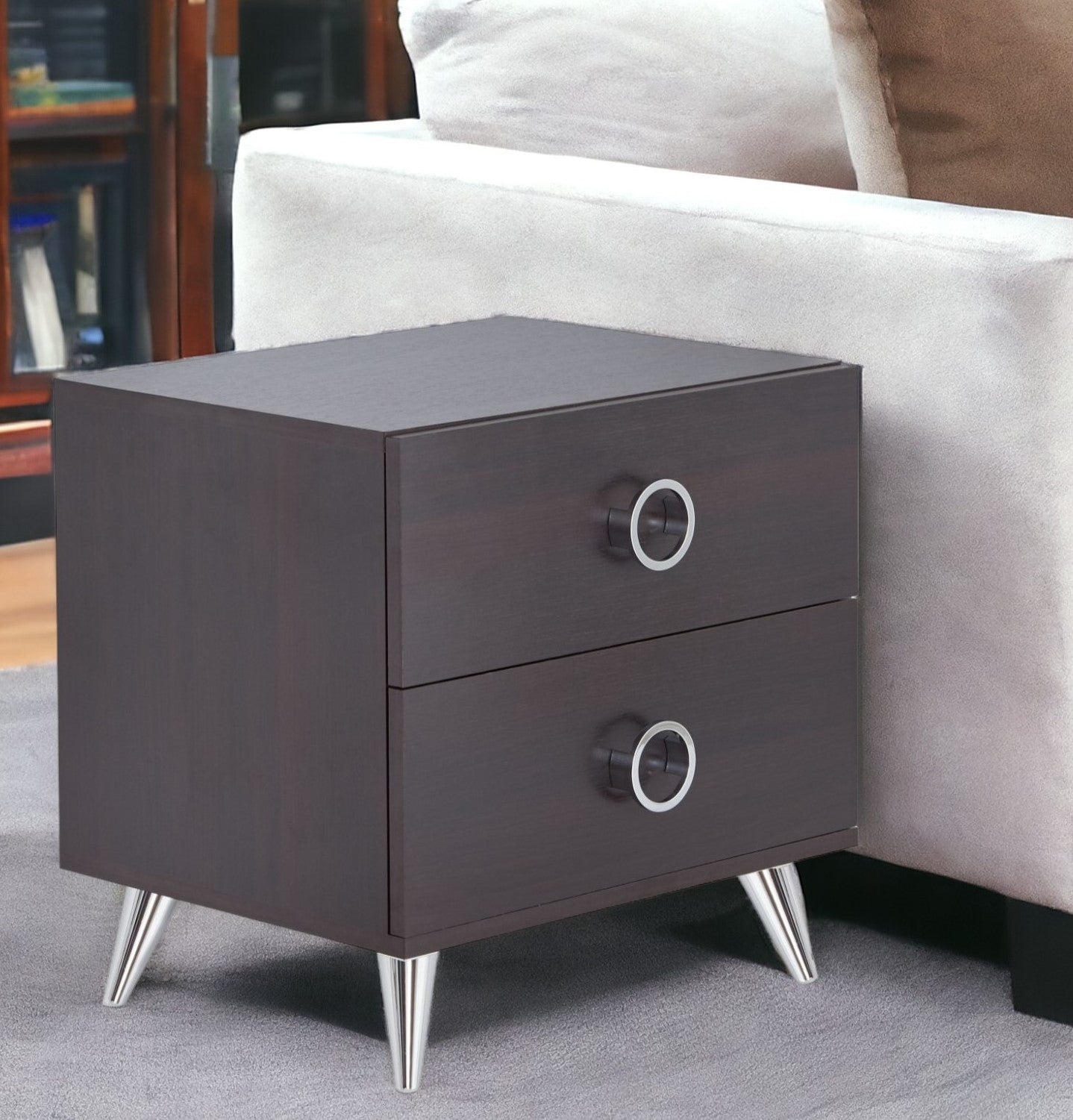 20" Silver And Espresso End Table With Two Drawers