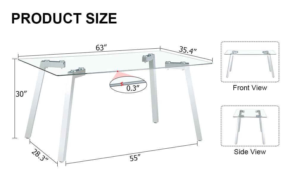 A modern minimalist rectangular glass dining table with tempered glass tabletop and silver metal legs - FurniFindUSA