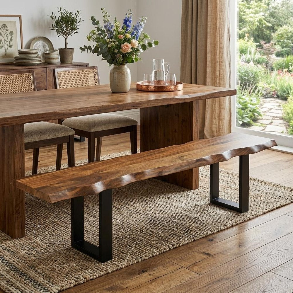 68" Brown and Black Live Edge Solid Wood Dining Bench HomeRoots