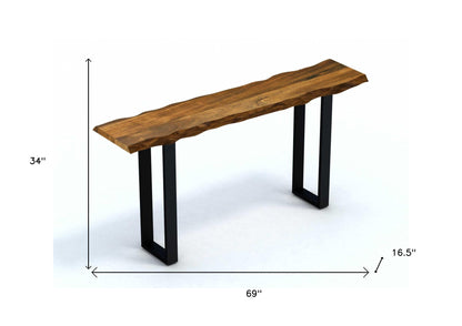 69" Brown and Black Solid Wood Distressed Sled Console Table