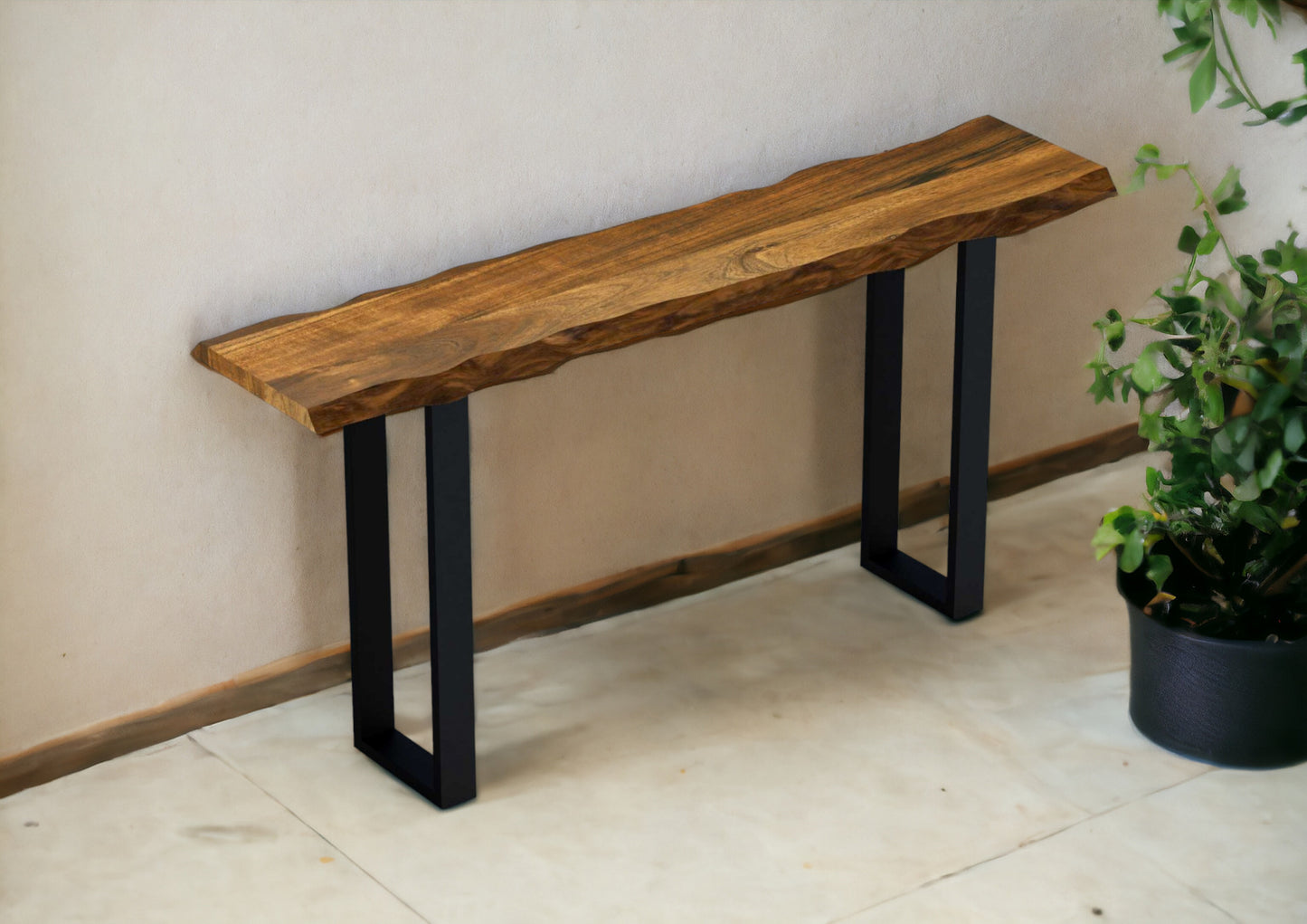 69" Brown and Black Solid Wood Distressed Sled Console Table