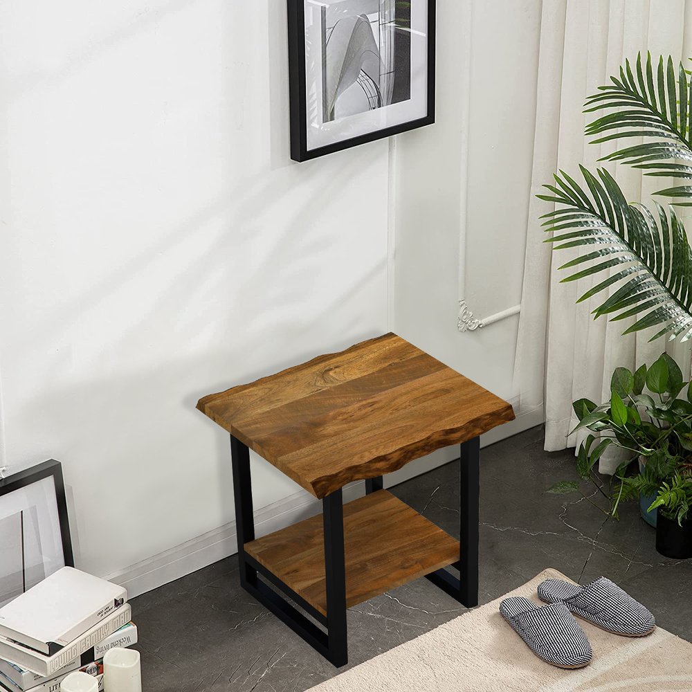 24" Brown And Black Solid Wood And Iron Square Frame End Table With Shelf HomeRoots