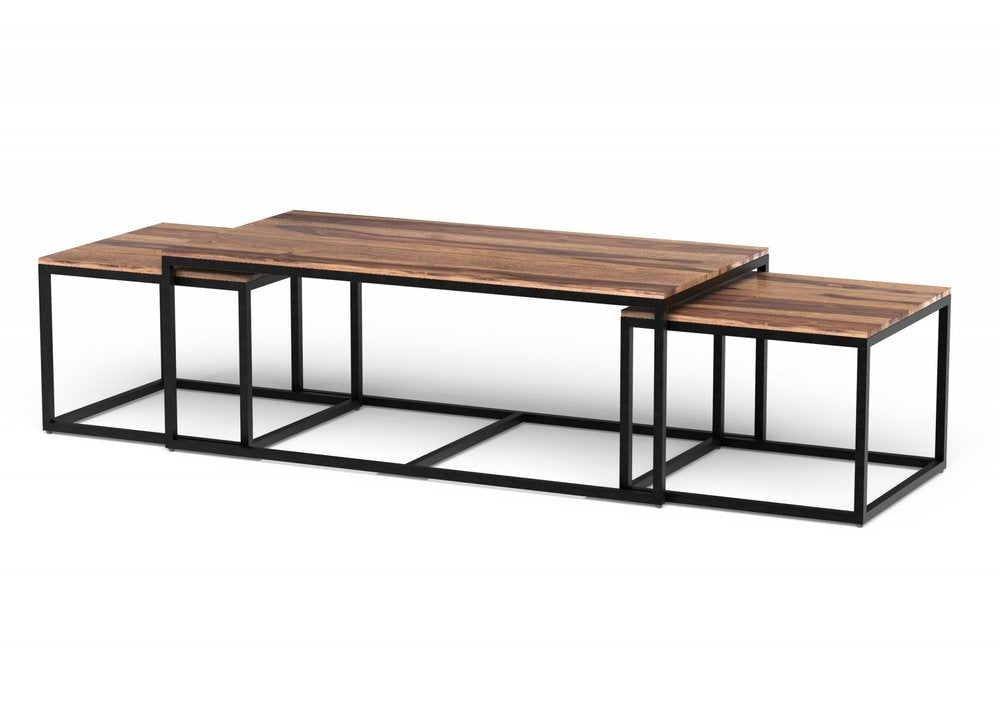 Set of Three 47" Natural And Black Solid Wood And Iron Coffee Table HomeRoots
