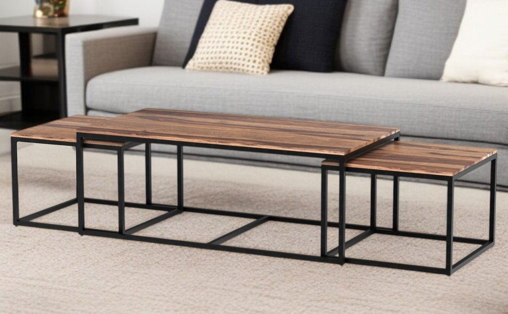 Set of Three 47" Natural And Black Solid Wood And Iron Coffee Table HomeRoots