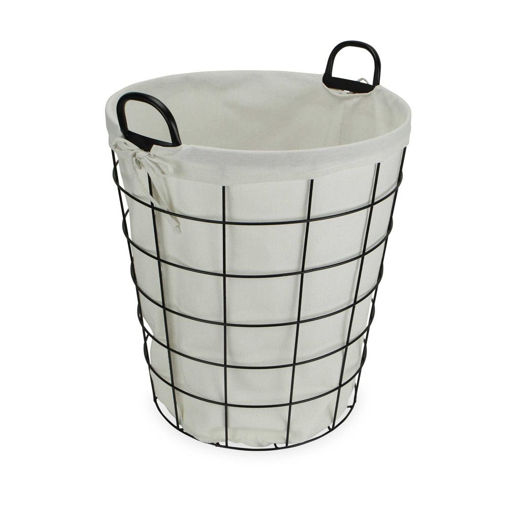 Large White Fabric Lined Metal Laundry Type Basket With Handle — view 1