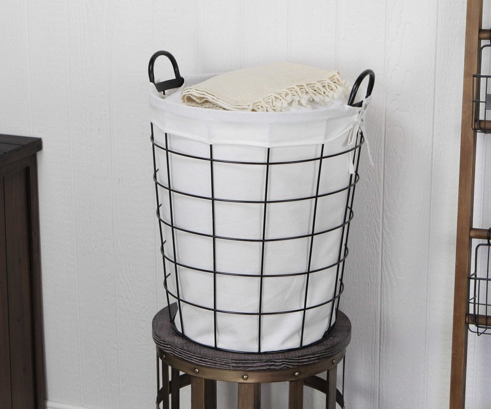 Large White Fabric Lined Metal Laundry Type Basket With Handle HomeRoots