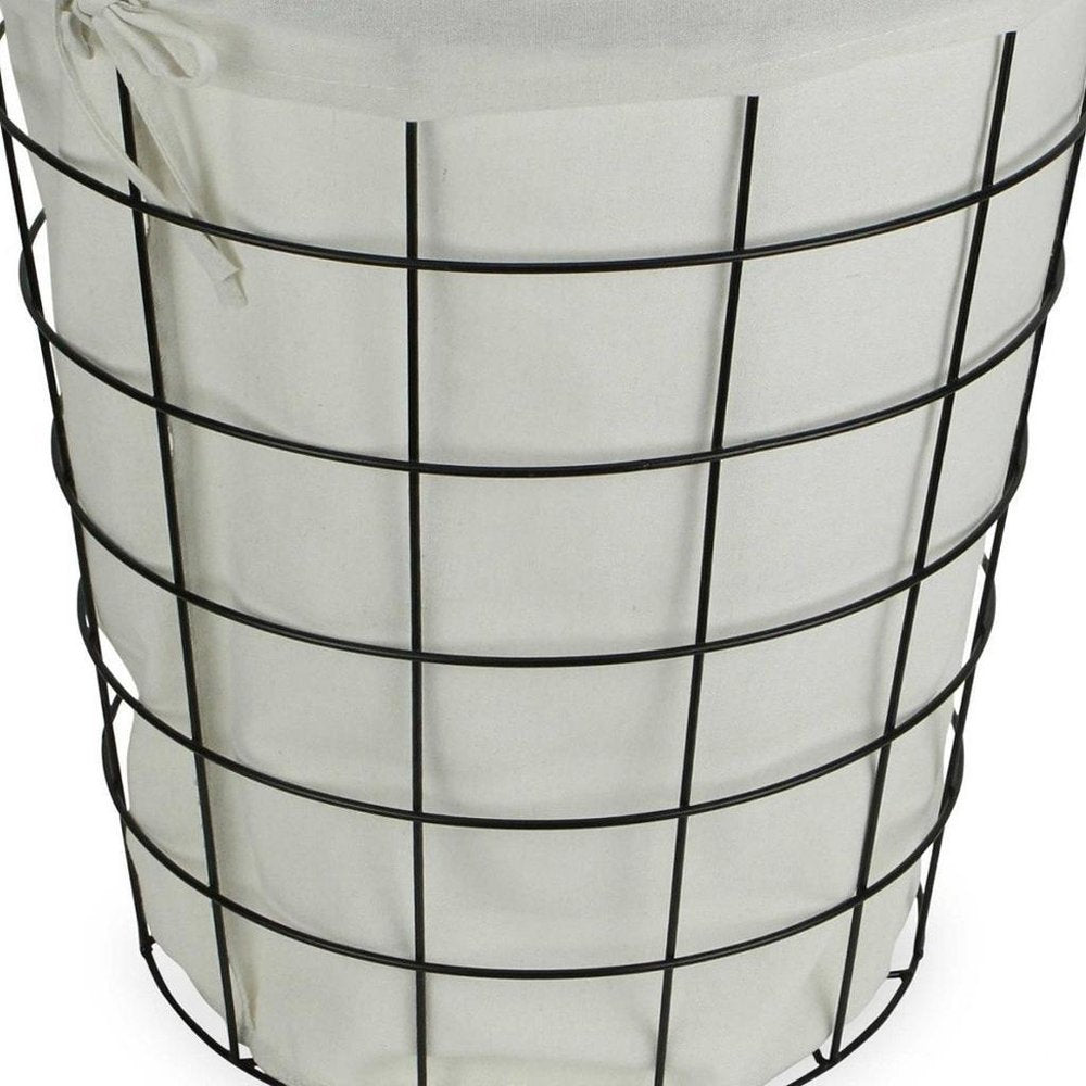 Large White Fabric Lined Metal Laundry Type Basket With Handle — view 5