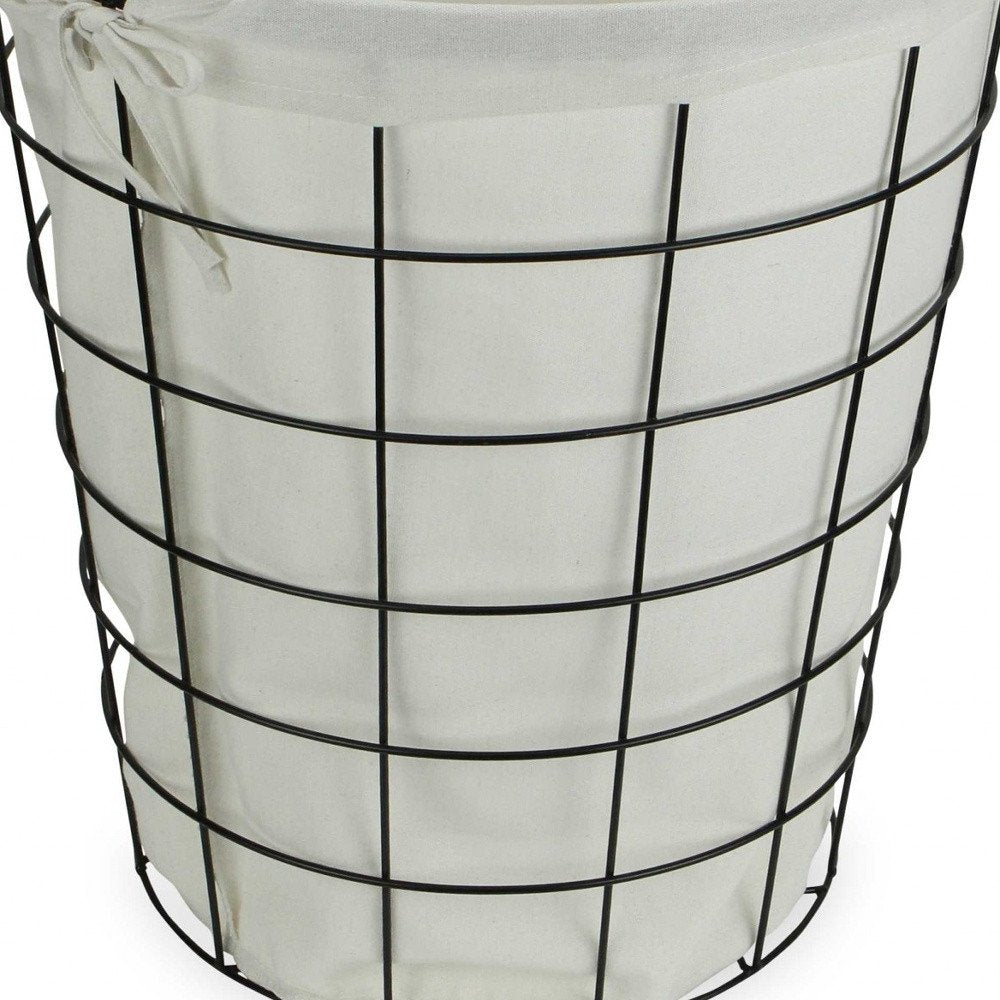 Large White Fabric Lined Metal Laundry Type Basket With Handle — view 3