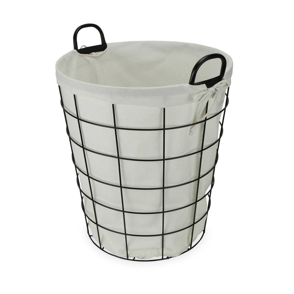 Large White Fabric Lined Metal Laundry Type Basket With Handle — view 4
