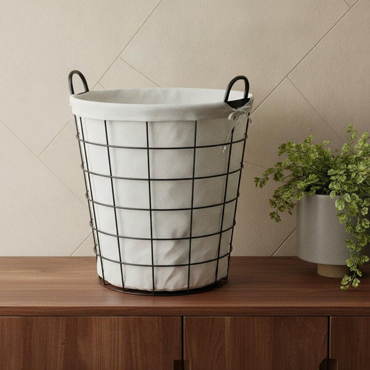 Large White Fabric Lined Metal Laundry Type Basket With Handle HomeRoots