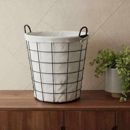 Large White Fabric Lined Metal Laundry Type Basket With Handle HomeRoots