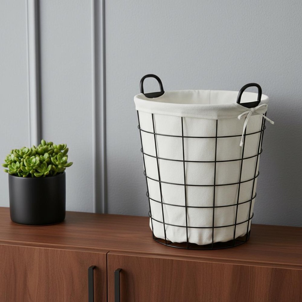 Large White Fabric Lined Metal Laundry Type Basket With Handle HomeRoots