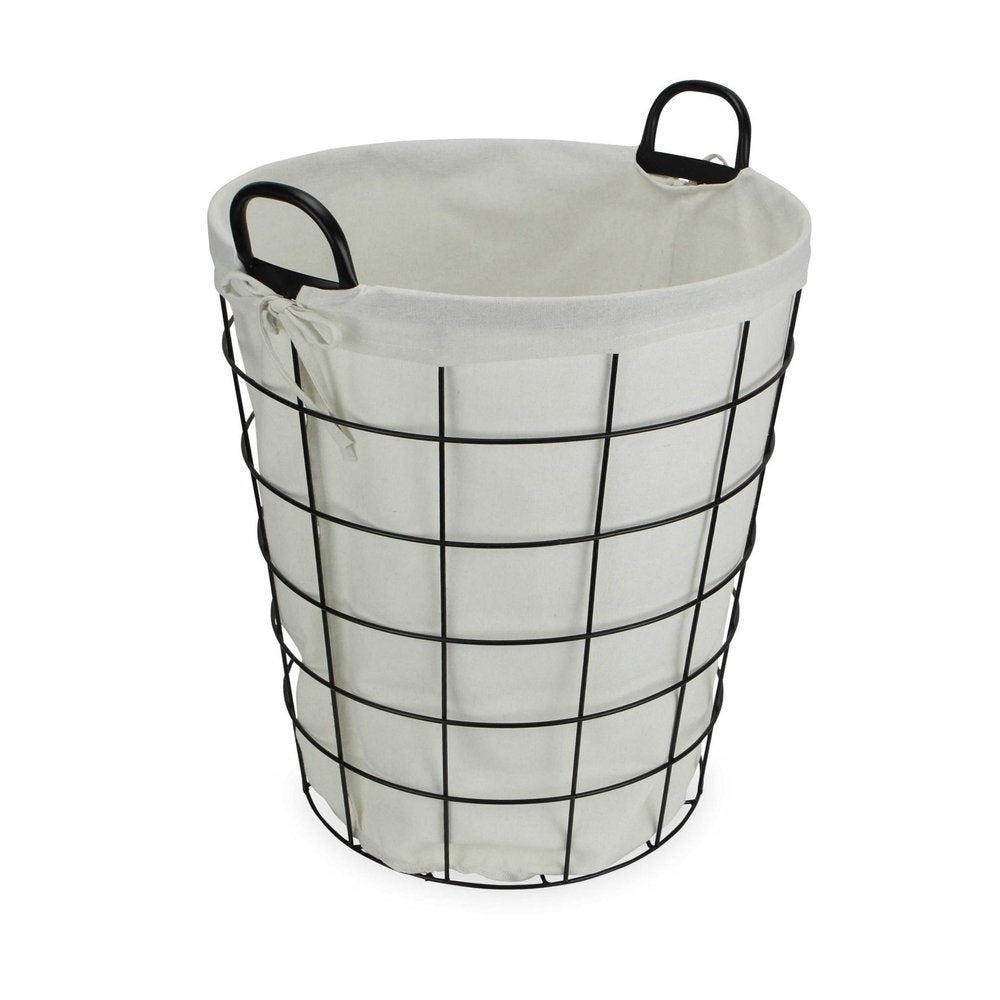 Large White Fabric Lined Metal Laundry Type Basket With Handle — view 8