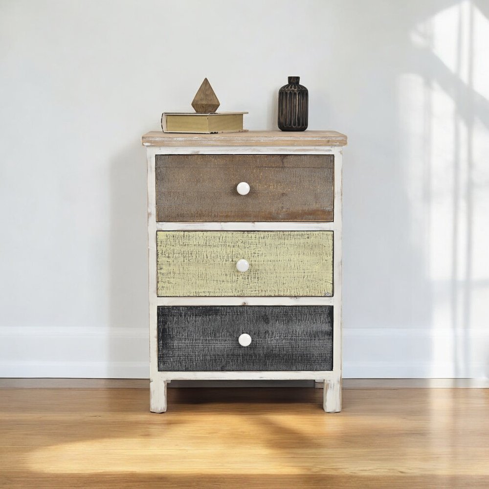 19" White Gray and Natural Distressed Accent Cabinet With Three Drawers HomeRoots