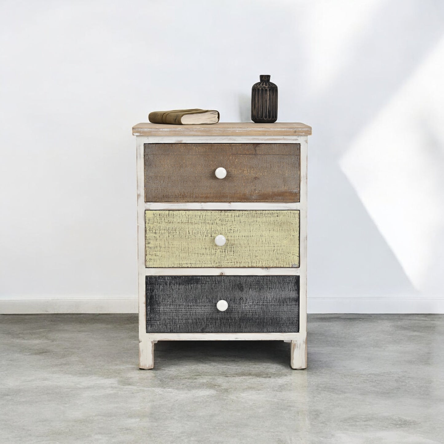 Distressed Gray And White Side Cabinet With 3 Drawers