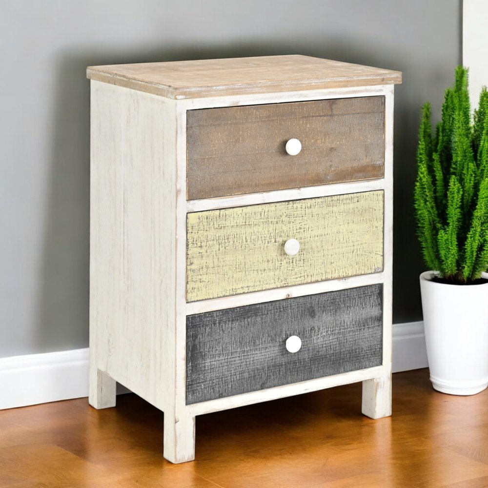 19" White Gray and Natural Distressed Accent Cabinet With Three Drawers HomeRoots