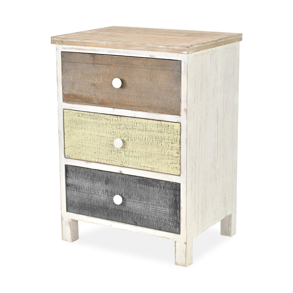 19" White Gray and Natural Distressed Accent Cabinet With Three Drawers HomeRoots