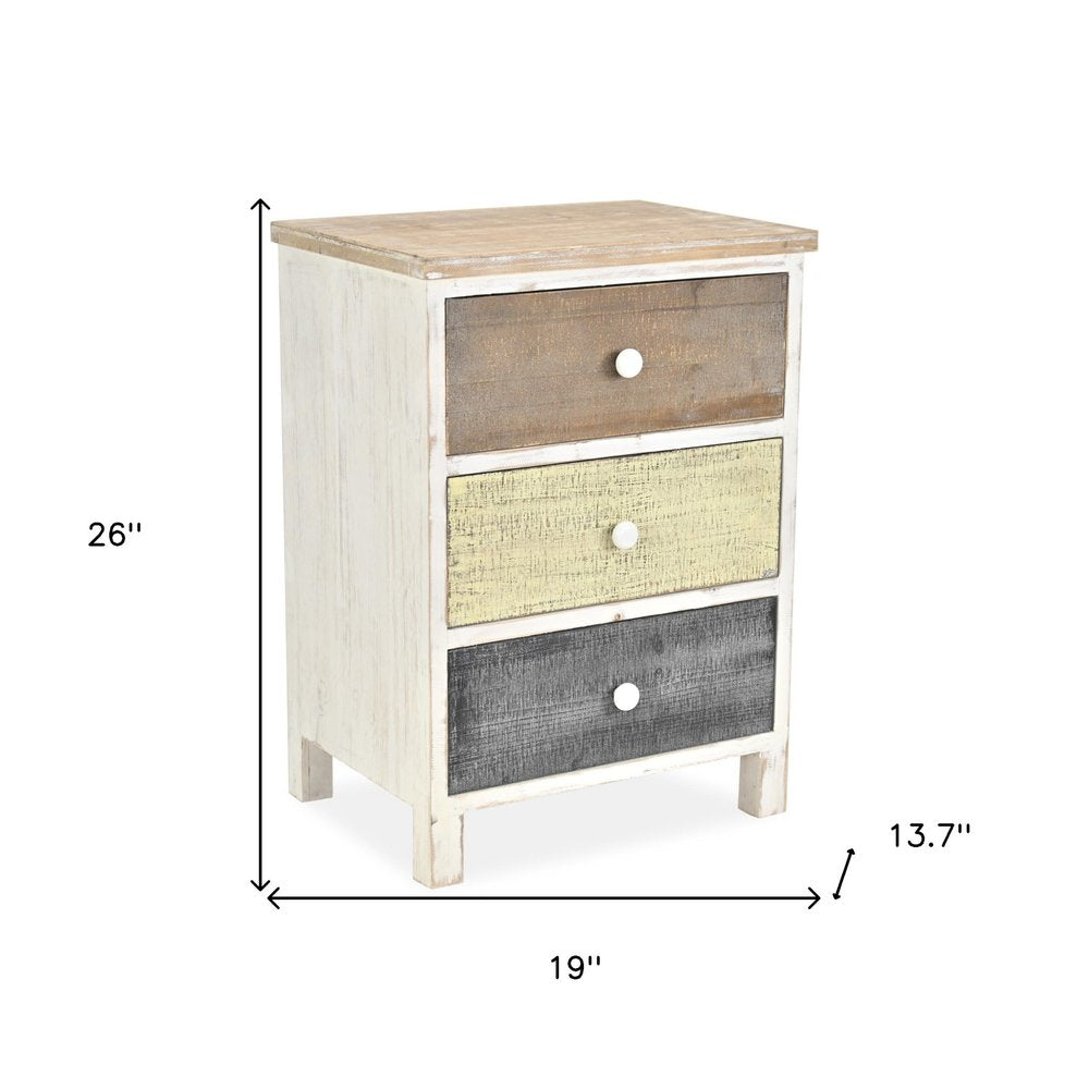 19" White Gray and Natural Distressed Accent Cabinet With Three Drawers HomeRoots