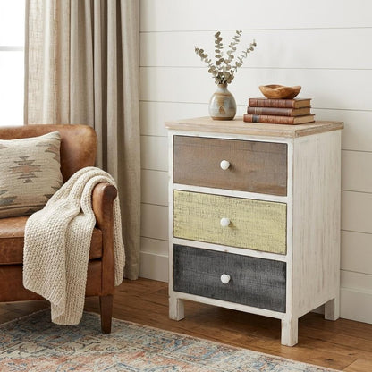 19" White Gray and Natural Distressed Accent Cabinet With Three Drawers HomeRoots