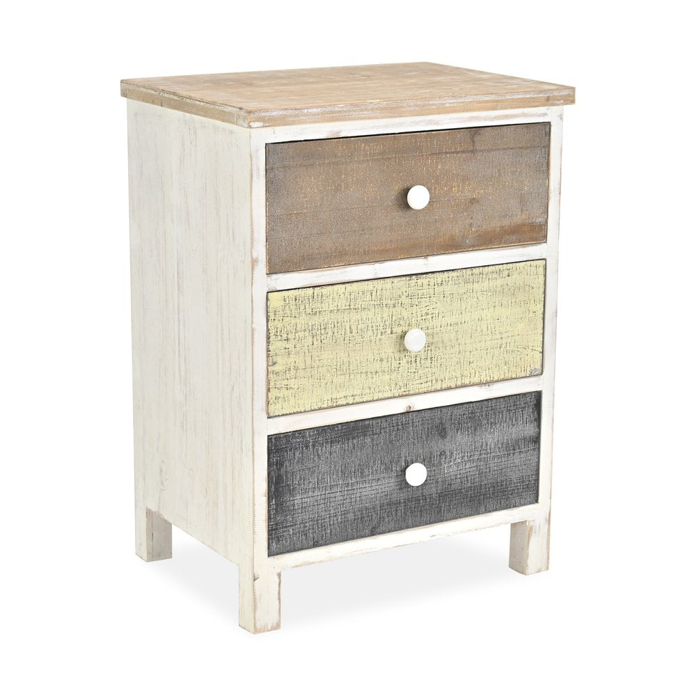 19" White Gray and Natural Distressed Accent Cabinet With Three Drawers HomeRoots
