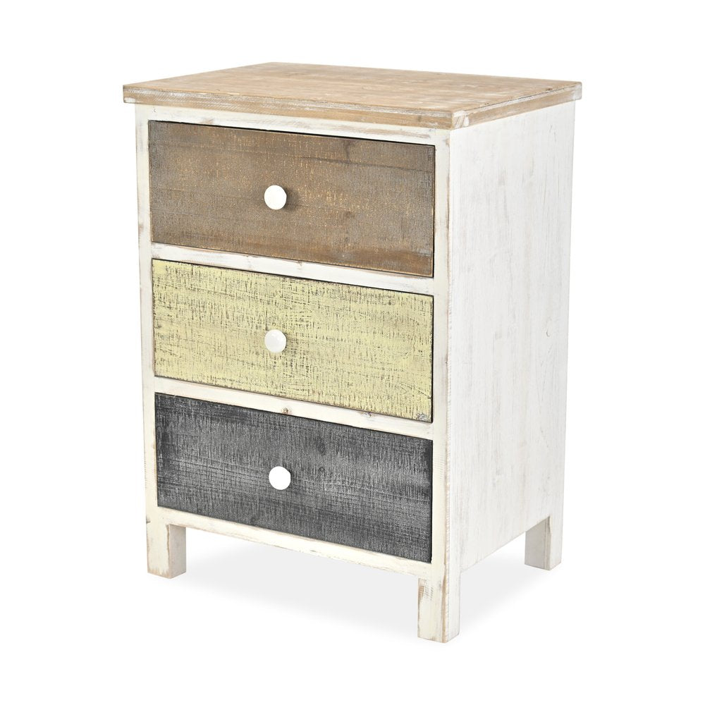 19" White Gray and Natural Distressed Accent Cabinet With Three Drawers HomeRoots