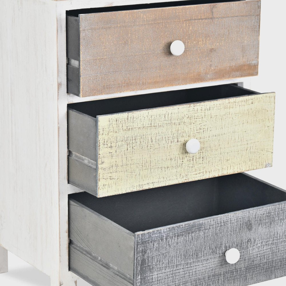 19" White Gray and Natural Distressed Accent Cabinet With Three Drawers HomeRoots