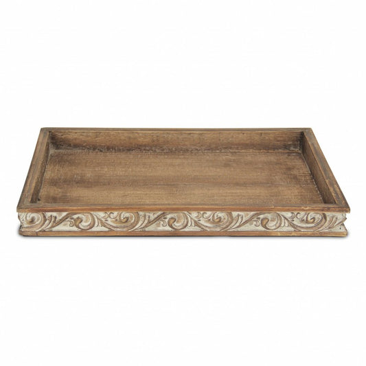 17" Brown Distressed Finish Wood Tray With Side Carvings HomeRoots