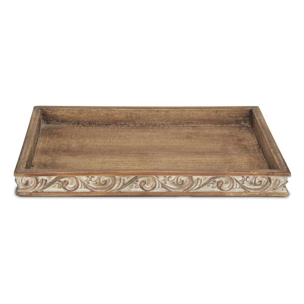 17" Brown Distressed Finish Wood Tray With Side Carvings HomeRoots