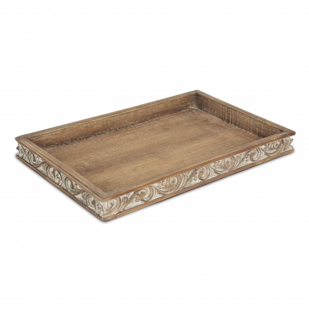 17" Brown Distressed Finish Wood Tray With Side Carvings HomeRoots