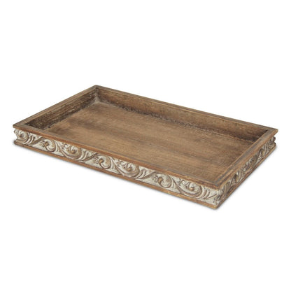 17" Brown Distressed Finish Wood Tray With Side Carvings HomeRoots