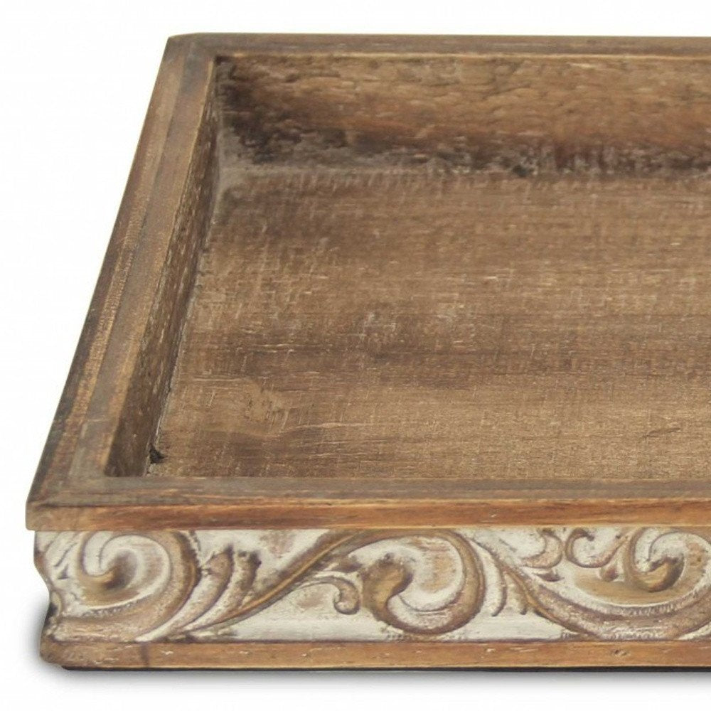 17" Brown Distressed Finish Wood Tray With Side Carvings HomeRoots