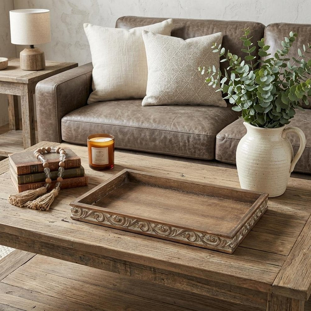17" Brown Distressed Finish Wood Tray With Side Carvings HomeRoots